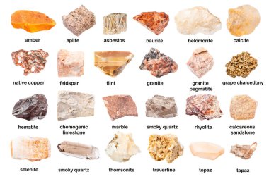 set of various unpolished rocks with names (calcite, asbestos, aplite, rhyolite, pegmatite, granite, topaz, feldspar, bauxite, amber, hematite, marble, travertine, limestone, etc) isolated on white clipart