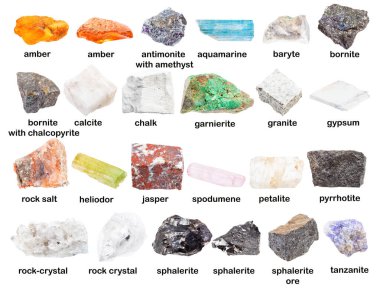 Beyaz üzerinde çeşitli kaba taşlar (garnierite, kunzite, tebeşir, halite, doğma büyüme sphalerite, stibnite, pyrrhotite, baryte, granite, calcite, gypsum, petalite, rock kristali vs.) bulunur.
