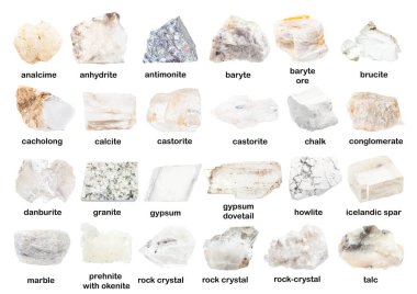 İsimleri olan çeşitli cilalanmamış beyaz mineraller (ånite, danburite, analsime, analcite, brucite, gypsum, holglomerate, cacholong, anhydrite, rock kristali, petalite, howlite vs.) beyaz üzerine izole edilmiştir.