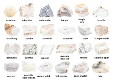 set of various unpolished white minerals with names (prehnite, danburite, analcime, analcite, brucite, gypsum,conglomerate, cacholong, anhydrite, rock-crystal, petalite, howlite etc) isolated on white clipart