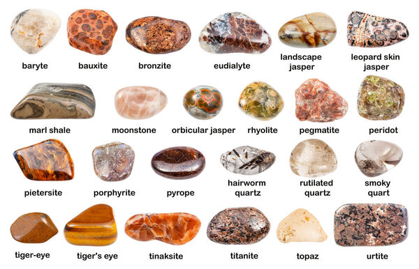 collection of various brown gemstones with names (pietersite, pyrope, jasper, bauxite, topaz, baryte, rhyolite, tiger-eye, marl, eudialyte, tinaksite, porphyrite, bronzite, etc) isolated on white