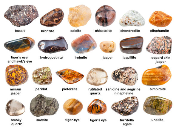 set of various brown gemstones with names ( bronzite, pietersite, clinohumite, turritella, miriam, hydrogoethite, basalt, simbirsite, irnimite, chiastolite, unakite, suevite, etc) isolated on white