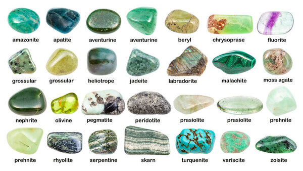 collage of various green gemstones with names (malachite, prehnite, chrysoprase, skarn, grossular, prasiolite, apatite, turquenite, bperidot, jadeite, nephrite, peridotite, etc) isolated on white