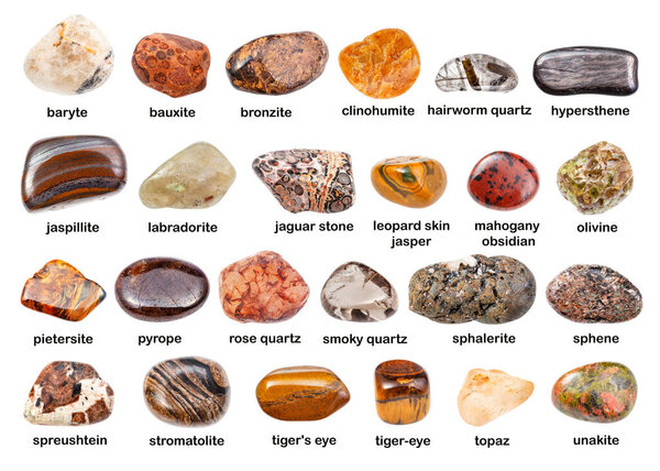 collage of various brown gemstones with names (titanite, bronzite, pietersite, pyrope, bauxite, clinohumite, topaz, baryte, sphalerite, unakite, stromatolite, hypersthene, etc) isolated on white