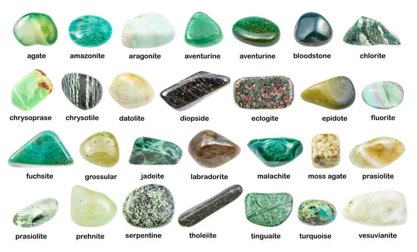 Set Berbagai Batu Permata Hijau Dengan Nama Chrysotile Chlorite Malachite — Stok Foto