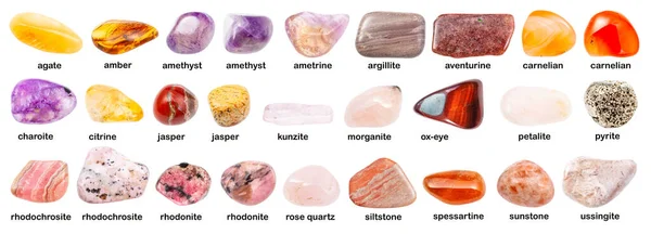 Coleção Várias Pedras Preciosas Com Nomes Kunzite Siltstone Aleurite Morganite — Fotografia de Stock