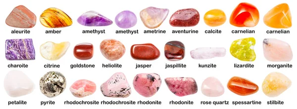 Varie Pietre Preziose Con Nomi Aleurite Morganite Corniola Rodocrosite Rodonite — Foto Stock