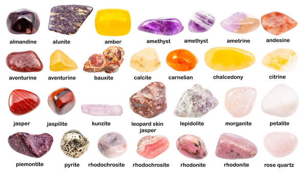 collage of various gemstones with names (bauxite, kunzite, piemontite, rhodochrosite, quartz, carnelian, cornelian, petalite, morganite, vorobyevite, pink, beryl, chalcedony, etc) isolated on white