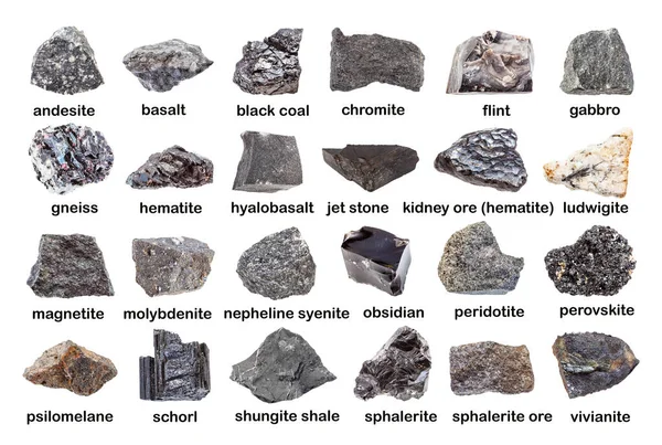 Set Various Dark Unpolished Rocks Names Chromite Sphalerite Magnetite Basalt — Stock Photo, Image