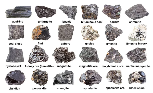 Set Van Verschillende Donkere Ongepolijste Stenen Met Namen Magnetiet Basalt — Stockfoto
