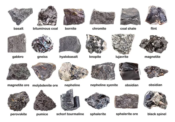 Set Various Dark Unpolished Minerals Names Chromite Sphalerite Magnetite Hyalobasalt — Stock Photo, Image