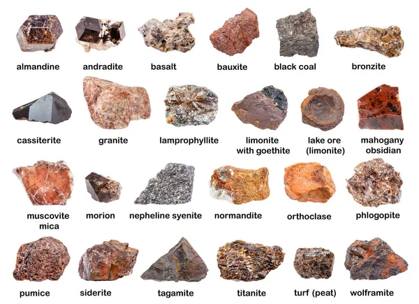 Σύνολο Διαφόρων Καφέ Άγυαλων Πετρωμάτων Ονόματα Αλμαντίνη Wolframite Morion Cassiterite — Φωτογραφία Αρχείου