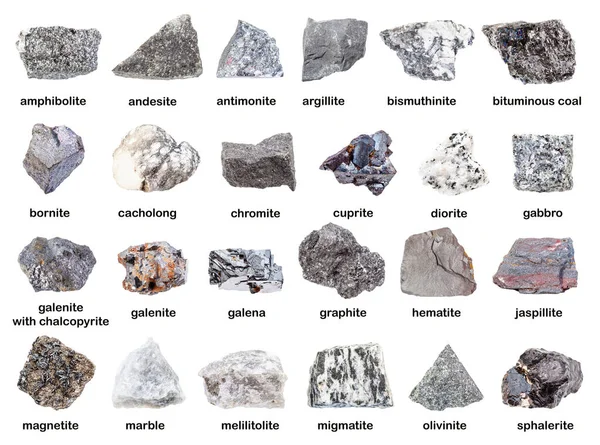 Set Various Gray Unpolished Rocks Names Antimonite Chromite Graphite Melilitolite — Stock Photo, Image