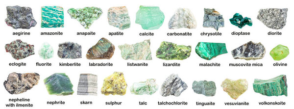 set of various green rough minerals with names (eclogite, anapaite, tamanite, calcite, fluorite, volkonskoite, muscovite, mica, aegirine, lizardite, vesuvianite, listvenite, etc) isolated on white