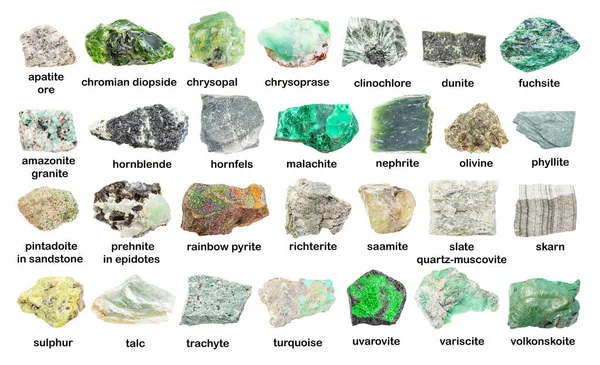 Set Various Green Unpolished Stones Names Variscite Turquoise Saamite Richterite — Stock Photo, Image