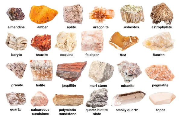 Set Various Unpolished Stones Names Asbestos Fluorite Aplite Smoky Quartz — Stock Photo, Image