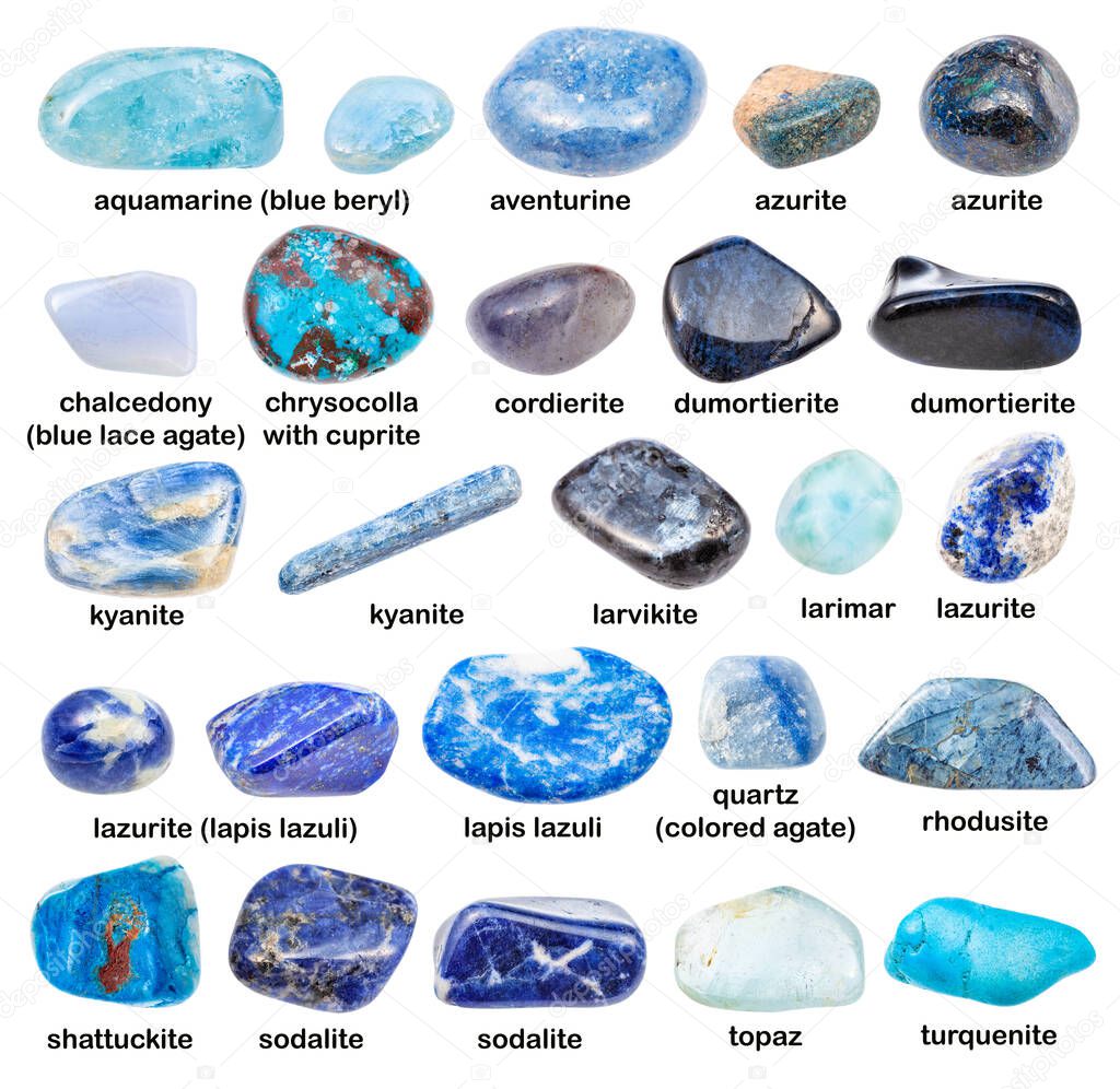 set of various blue gemstones with names (chrysocolla, kyanite, topaz, turquenite, aventurine, aquamarine, dumortierite, lazurite, sodalite, larvikite, larimar, cordierite, etc) isolated on white