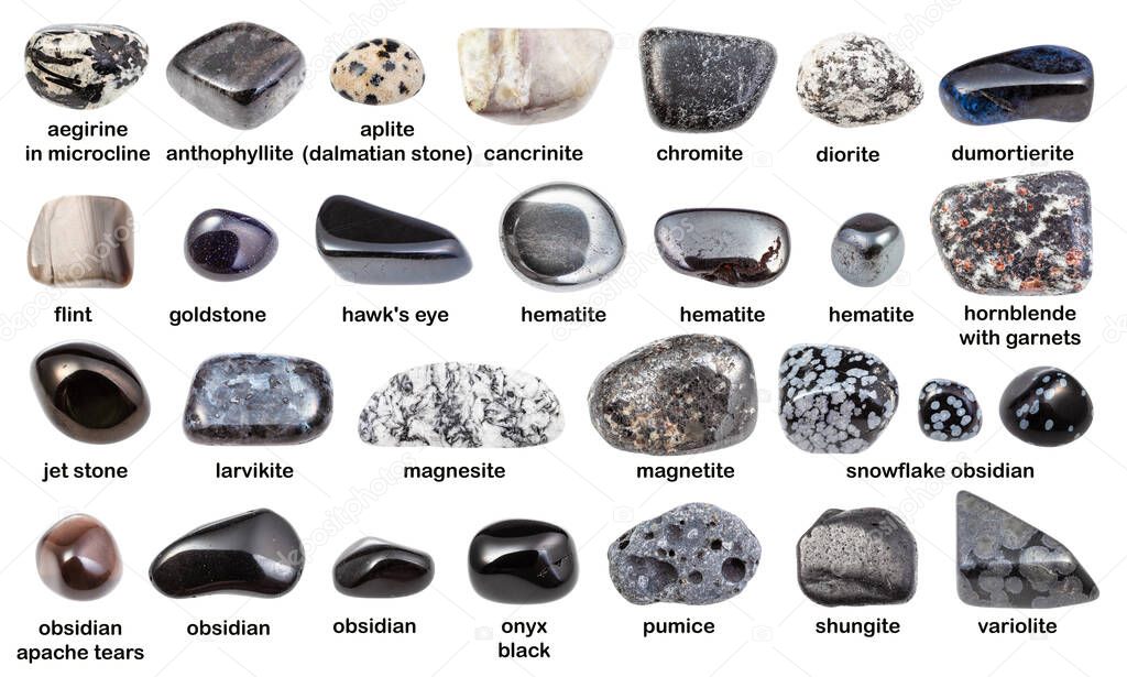 set of various dark gemstones with names (magnesite, hematite, obsidian, magnetite, hornblende, shungite, , onyx, flint, diorite, chromite, anthophyllite, cancrinite, aegirine, etc) isolated on white