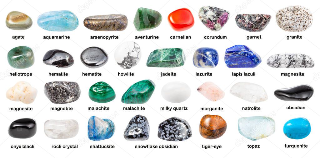 collection of various polished stones with names (magnesite, malachite, shattuckite, morganite, topaz, hematite, lazurite, obsidian, howlite, aquamarine, natrolite, jadeite, etc) isolated on white