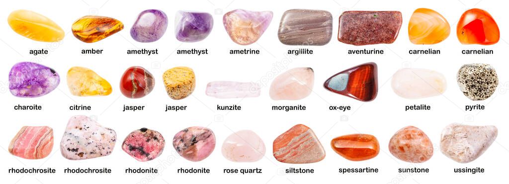 collection of various gemstones with names (kunzite, siltstone, aleurite, morganite, carnelian, petalite, quartz, aventurine, chalcedony, rhodonite, pyrite, amber, ametrine, etc) isolated on white