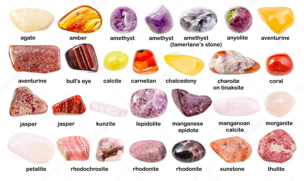 set of various gemstones with names (kunzite, petalite, carnelian, amethyst, aventurine, agate, amber, sunstone, morganite, lepidolite, charoite, coral, calcite, zoisite, etc) isolated on white
