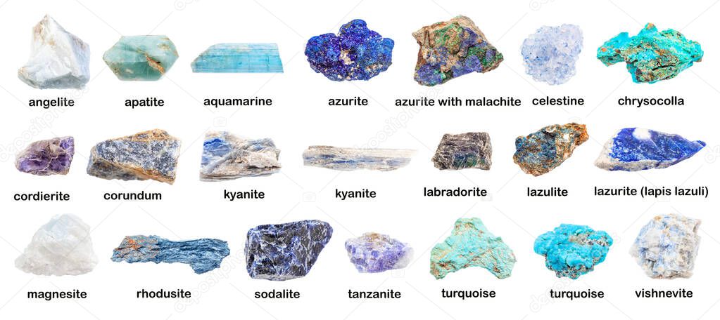 set of various blue unpolished rocks with names (chrysocolla, cordierite, apatite, turquoise, tanzanite, lazulite, aquamarine, azurite, kyanite, sodalite, lazurite, rhodusite, etc) isolated on white