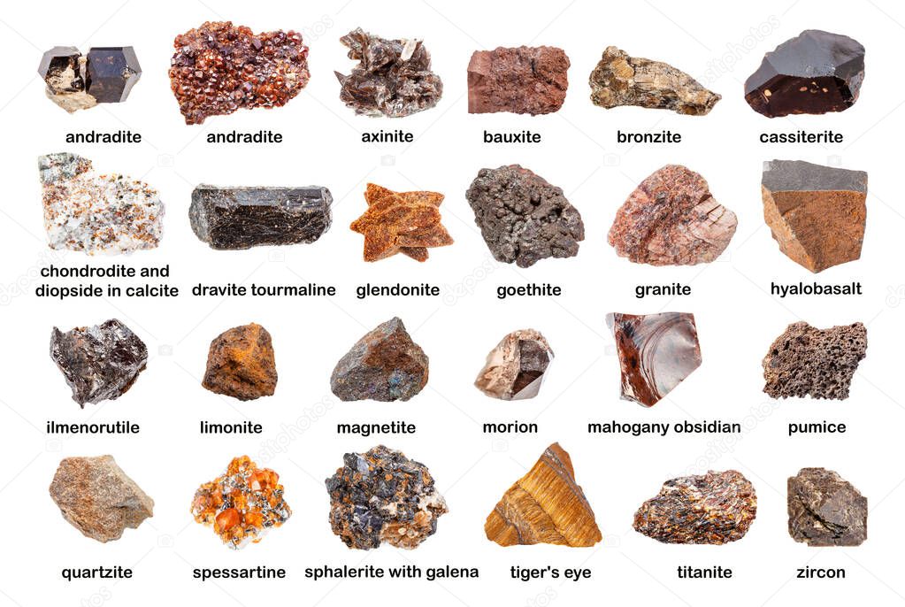 set of various brown unpolished stones with names (bauxite, mahogany obsidian, bronzite, andradite, spessartine, titanite, zircon, cassiterite, axinite, ilmenorutile, goethite, etc) isolated on white