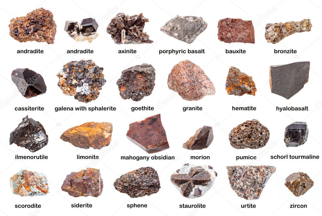 set of various brown unpolished minerals with names (bronzite, siderite, andradite, titanite, sphene, morion, zircon, cassiterite, axinite, ilmenorutile, ilmenorutile, goethite, etc) isolated on white