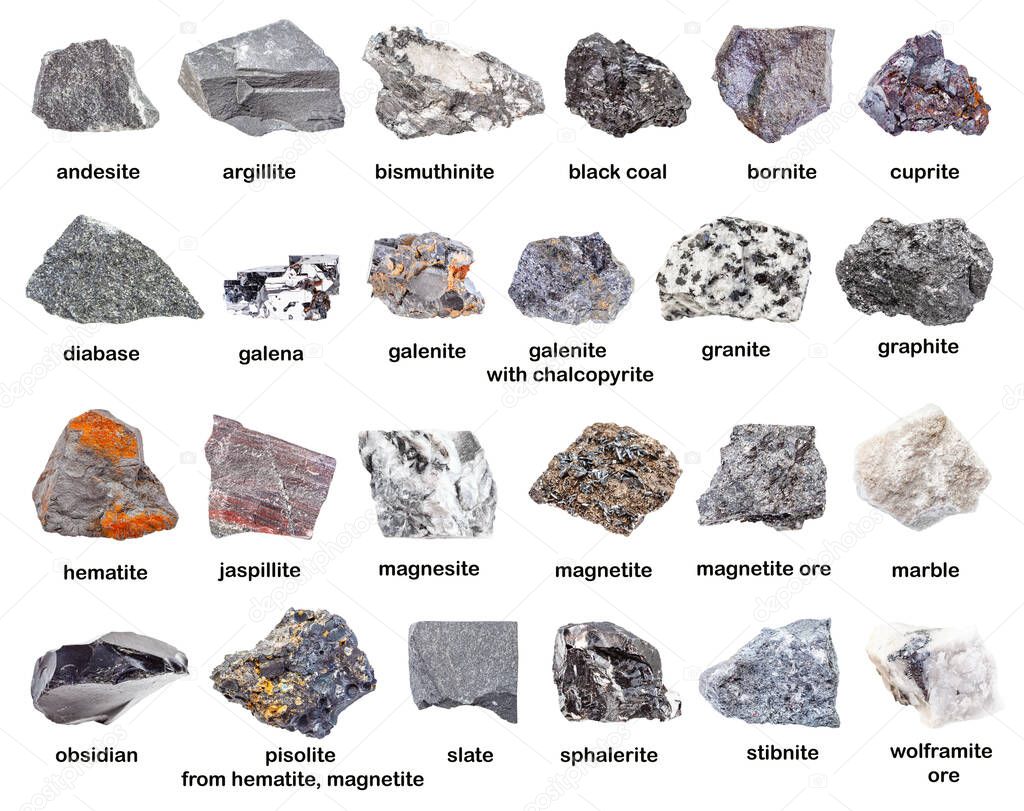 set of various gray unpolished minerals with names (graphite, stibnite, marble, coal, andesite, sphalerite, wolframite, magnetite, hematite, pisolite, bismuthinite, cuprite, etc) isolated on white