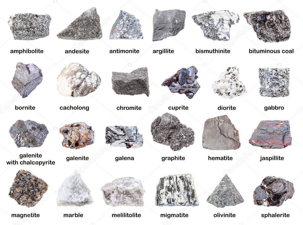 set of various gray unpolished rocks with names (antimonite, chromite, graphite, melilitolite, bornite, galenite, sphalerite, magnetite, hematite, cuprite, migmatite, argillite, etc) isolated on white