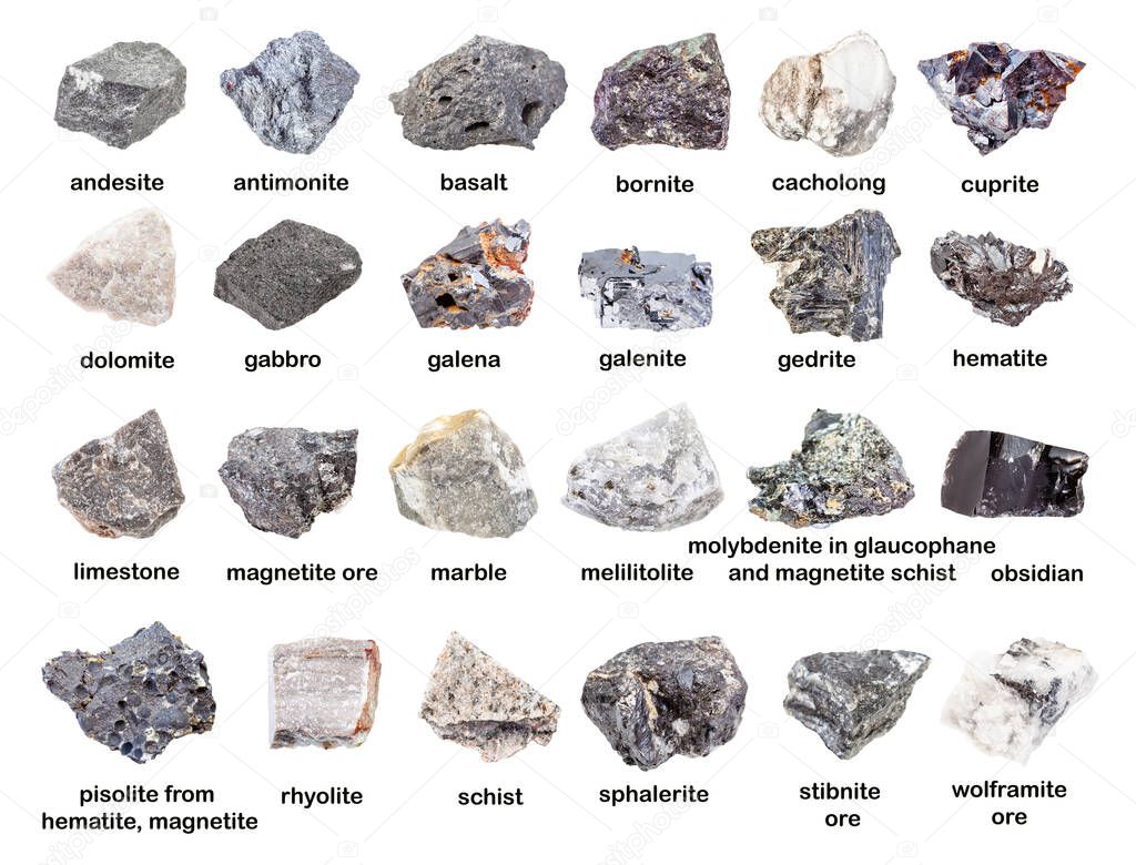 set of various gray unpolished stones with names (galenite, hematite, pisolite, sphalerite, cuprite, marble, cacholong, gedrite, basalt, schist, limestone, rhyolite, dolomite, etc) isolated on white