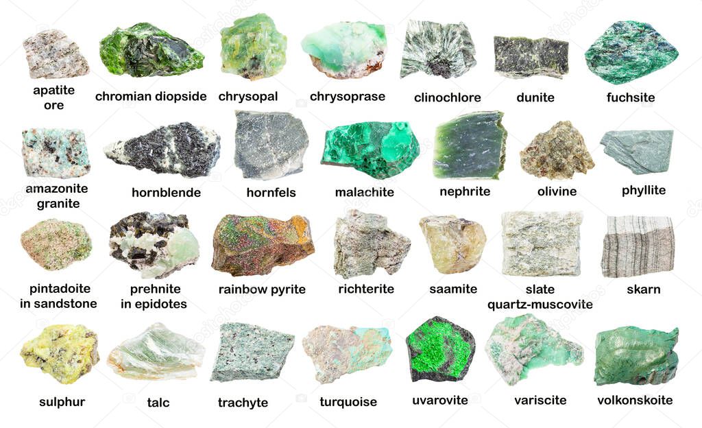 set of various green unpolished stones with names (variscite, turquoise, saamite, richterite, pintadoite, pyrite, fuchsite, trachyte, phyllite, uvarovite, volkonskoite, dunite, etc) isolated on white