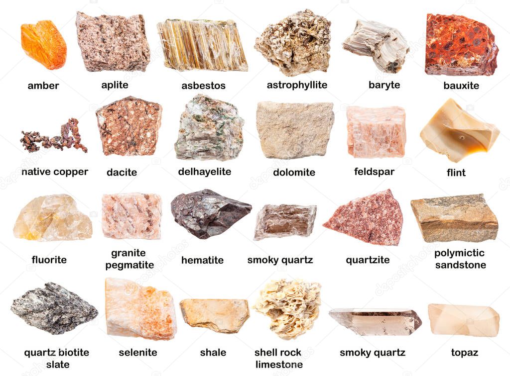 set of various unpolished minerals with names (delhayelite, copper, flint, selenite, brown, dacite, dolomite, sandstone, quartzite, baryte, hematite, astrophyllite, amber, etc) isolated on white