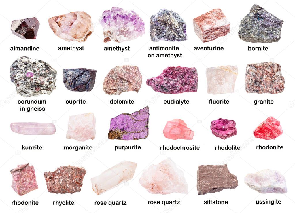 set of various unpolished pink stones with names (purpurite, eudialyte, corundum, dolomite, ussingite, siltstone, cuprite, amethyst, morganite, rhodonite, rhodochrosite, etc) isolated on white