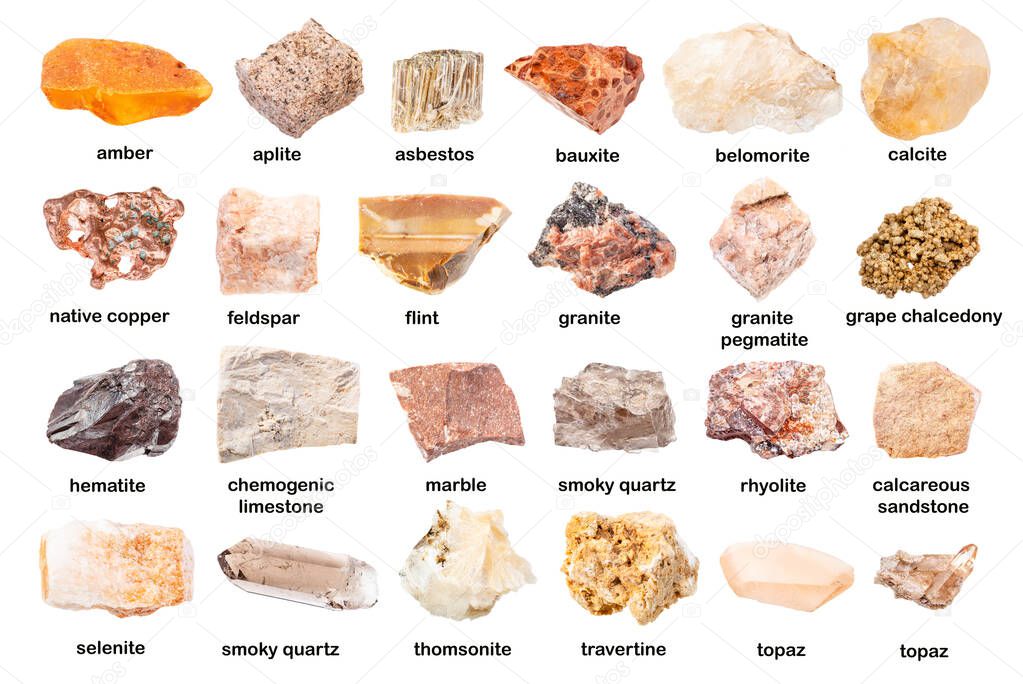 set of various unpolished rocks with names (calcite, asbestos, aplite, rhyolite, pegmatite, granite, topaz, feldspar, bauxite, amber, hematite, marble, travertine, limestone, etc) isolated on white