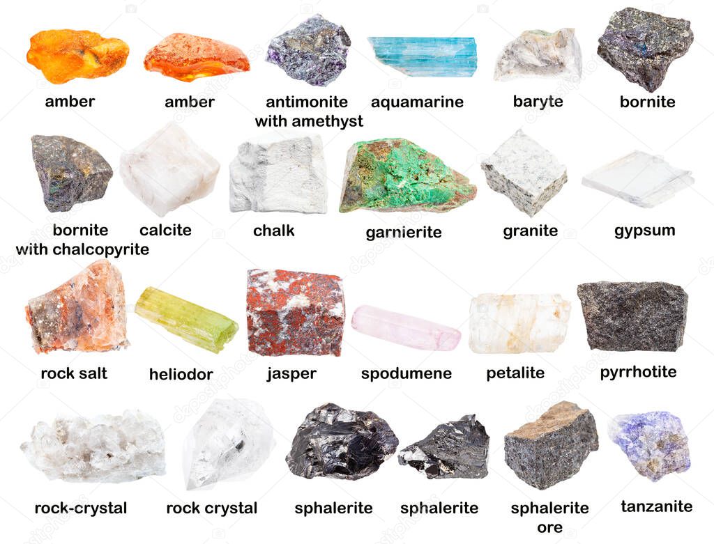 set of various rough stones with names (garnierite, kunzite, chalk, halite, bornite, sphalerite, stibnite, pyrrhotite, baryte, granite, calcite, gypsum, petalite, rock-crystal, etc) isolated on white