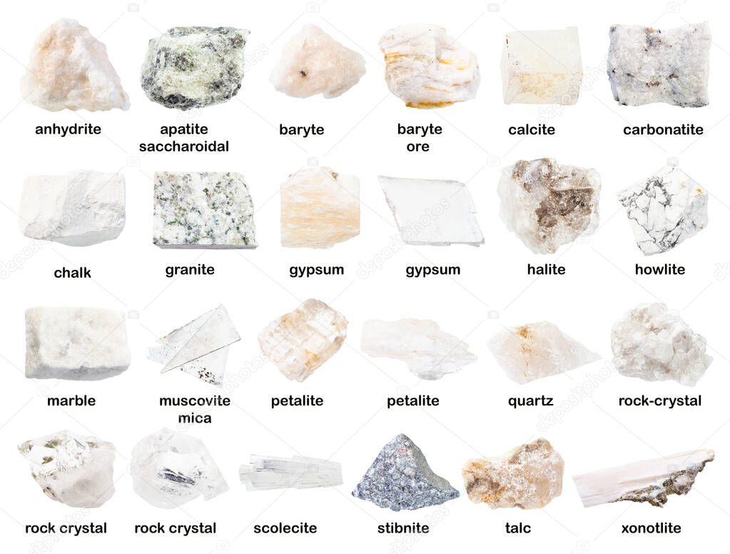 set of various unpolished white stones with names ( granite, gypsum, petalite, baryte, howlite,, rock-crystal, marble, carbonatite, chalk, anhydrite, xonotlite, scolecite, etc) isolated on white