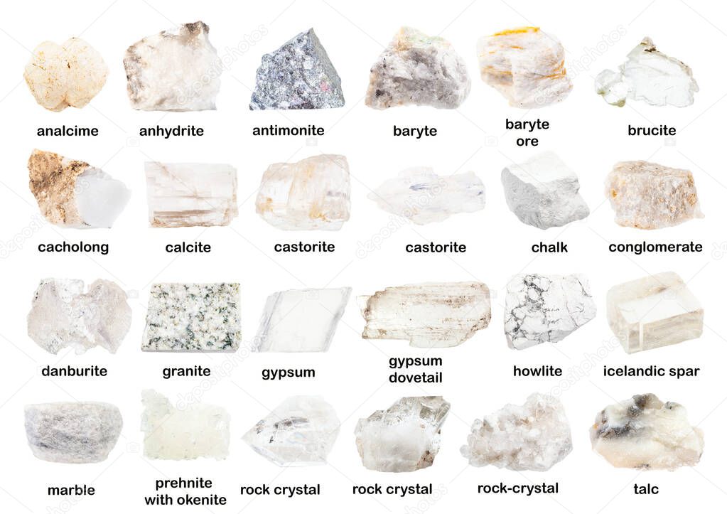 set of various unpolished white minerals with names (prehnite, danburite, analcime, analcite, brucite, gypsum,conglomerate, cacholong, anhydrite, rock-crystal, petalite, howlite etc) isolated on white