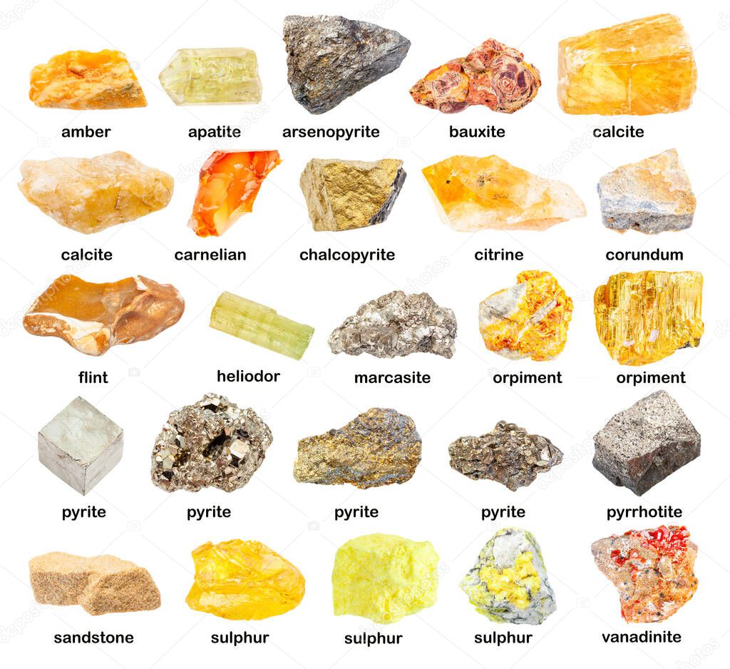 set of various unpolished yellow minerals with names (vanadinite, pyrite, marcasite, sulphur, pyrrhotite, bauxite, heliodor, citrine, arsenopyrite, orpiment, calcite, flint, etc) isolated on white