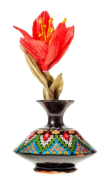 Handmade Artificial Paper Red Flower Vintage Arabian Ceramic Vase Isolated — Stock Photo, Image