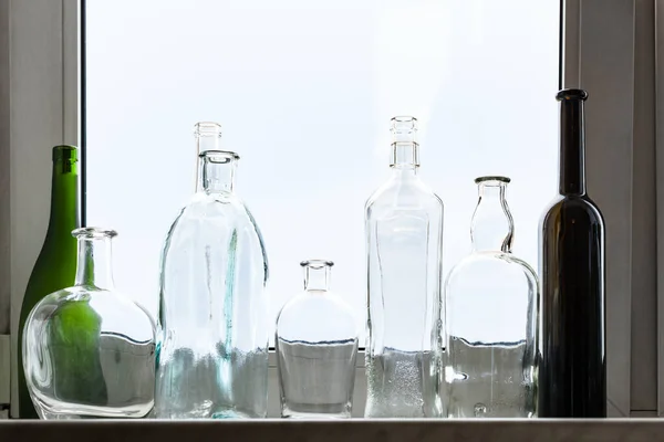 Many Empty Drunk Bottles Home Window Sill Overcast Day — Stock Photo, Image