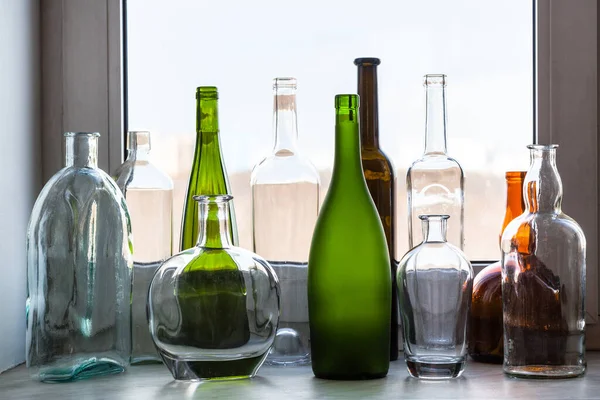 Various Empty Bottles Sill Home Window Sunny Spring Day — Stock Photo, Image