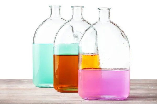 Glass Flasks Color Watercolour Solutions Wooden Board Cutout Background — Stock Photo, Image