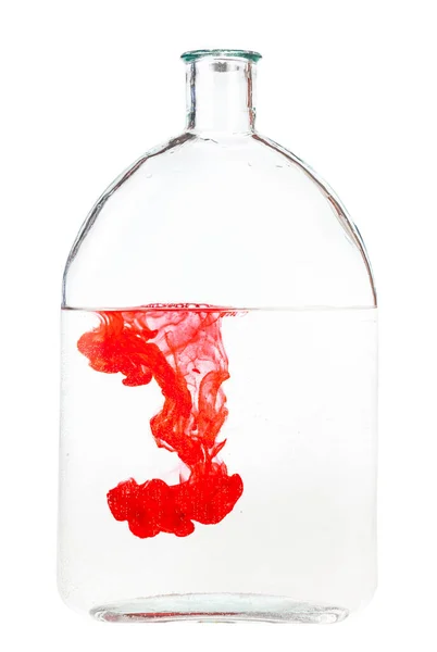 Red Ink Dissolves Water Glass Flask Isolated White Background — Stock Photo, Image