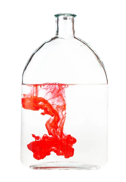 Tinta Roja Disuelve Agua Botella Aislada Sobre Fondo Blanco — Foto de Stock