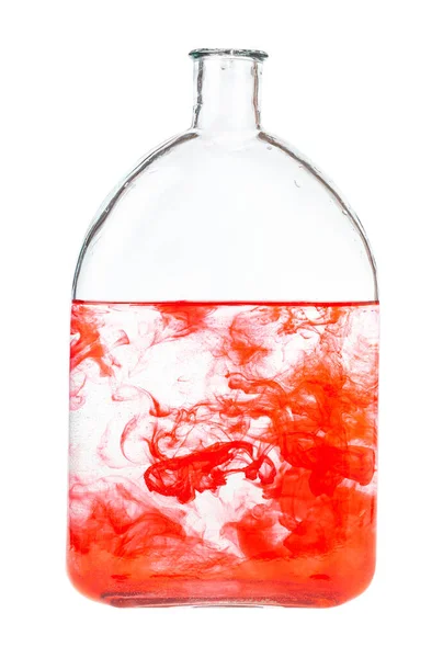 Vörös Akvarell Feloldódik Vízben Fehér Alapon Izolált Palackban — Stock Fotó