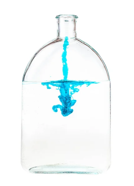 Trickle Blue Ink Flow Water Glass Flask Isolated White Background — Stock Photo, Image