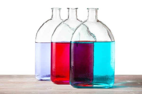Glasflaskor Med Färg Bläck Lösningar Träskiva Med Utskuren Bakgrund — Stockfoto