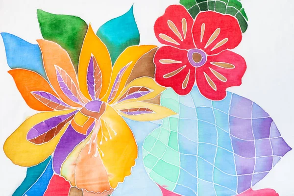 Část Květinového Vzoru Ručně Kreslené Hedvábný Šátek Chladném Obrysu Batik — Stock fotografie