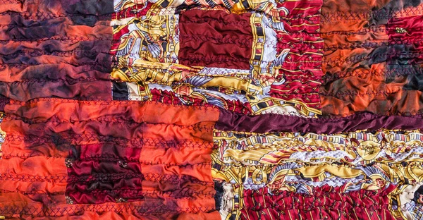 Ornament Stitched Crumpled Red Brown Patchwork Scarf — Stock Photo, Image